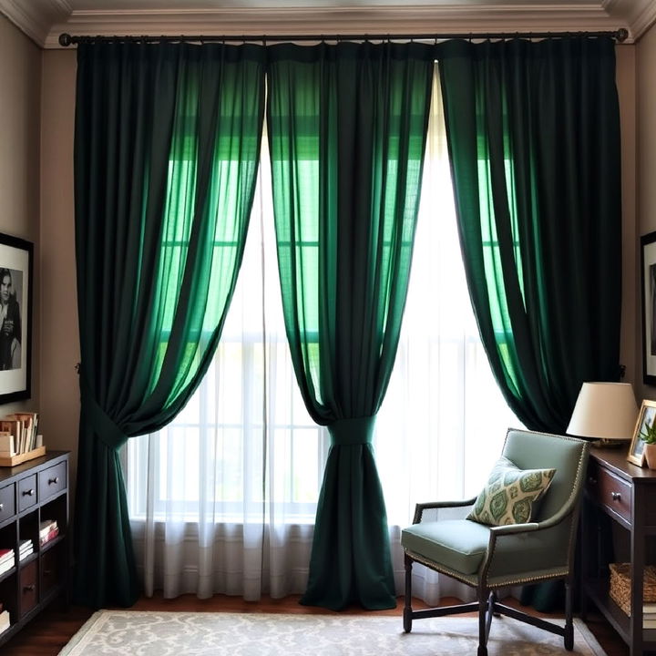 layering dark green curtains with sheer panels