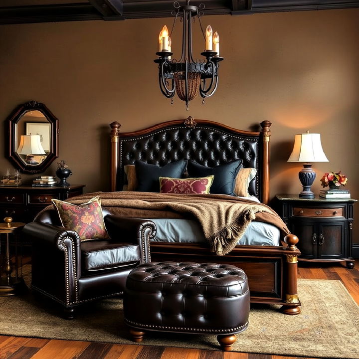 leather and brass bedroom furniture accents