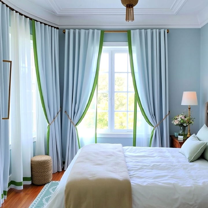 light blue curtains with green trim