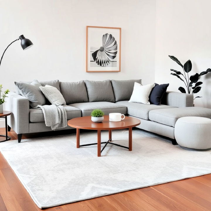 light grey rug paired with a grey couch