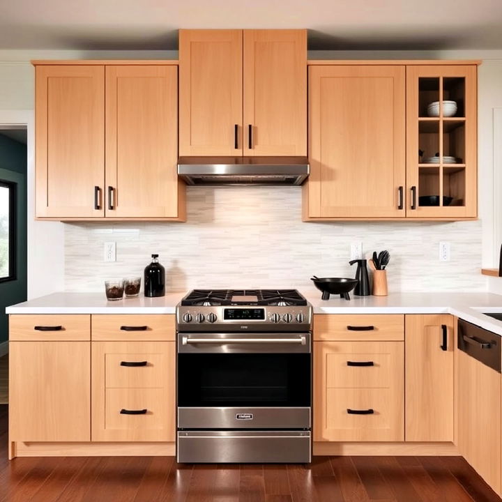 light maple cabinets with dark hardware