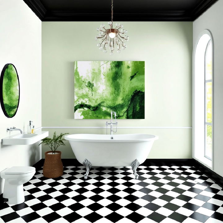 lighter sage green accent wall with black bathroom fixtures