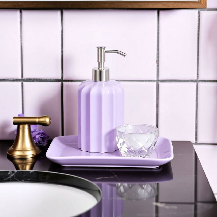 lilac soap dispenser and tray for bathroom