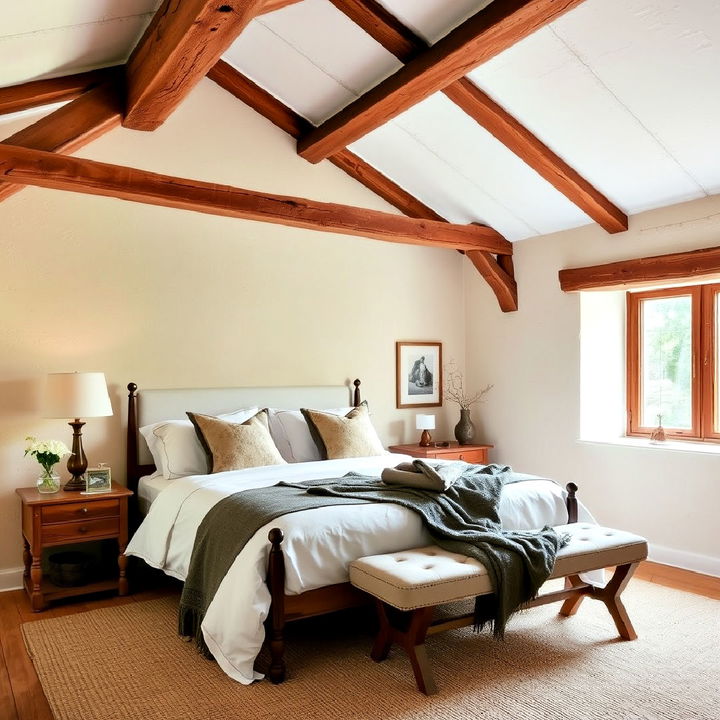 limewash bedroom with exposed wooden beams