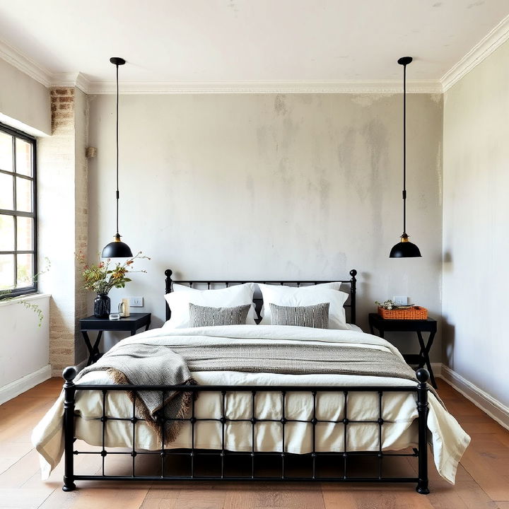 limewashed walls with metal accents bedroom