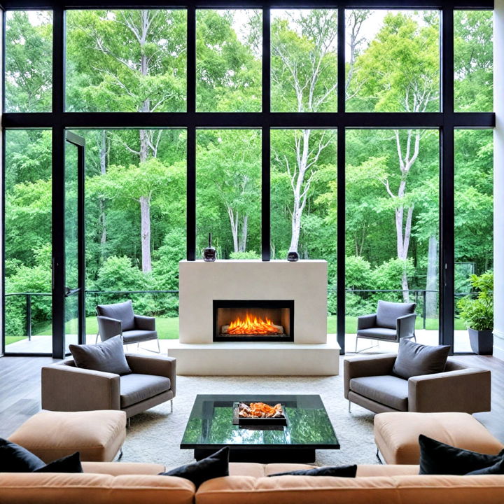 linear fireplace with floor to ceiling windows