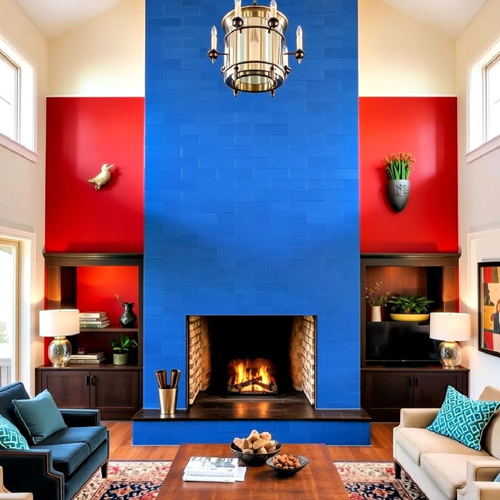 lively and eclectic bold colored fireplace