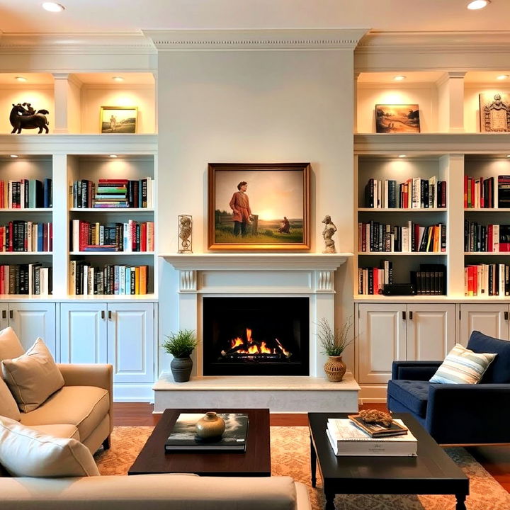 living room into a hub of inspiration with a fireplace and bookshelves