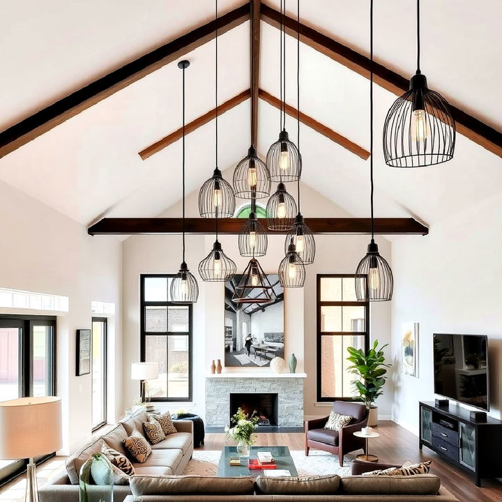 living room vaulted ceiling with large pendant lights