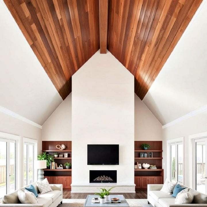 living room vaulted ceiling with wood slats