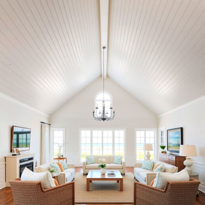 living room vaulted shiplap ceiling