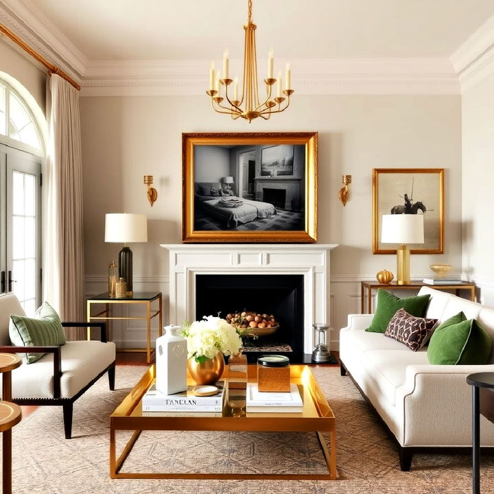 living room with striking gold accents