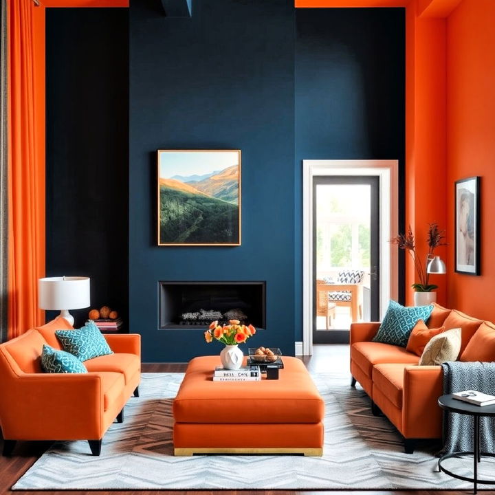 living room with striking orange and blue contrast