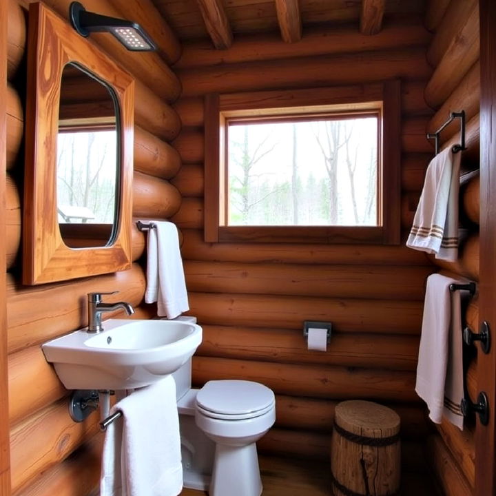 log cabin elements in outdoor bathroom