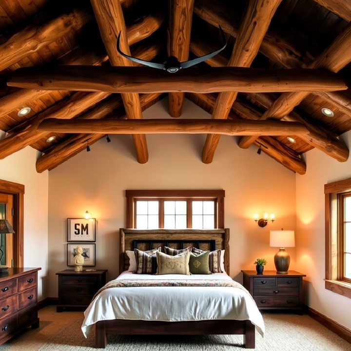 log cabin inspired bedroom ceiling beams