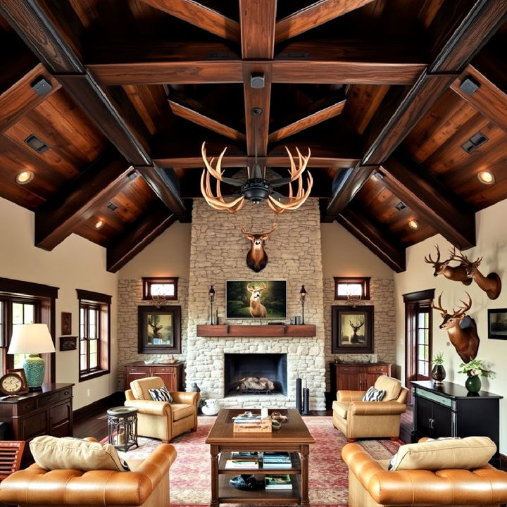 log cabin style beams hunting room