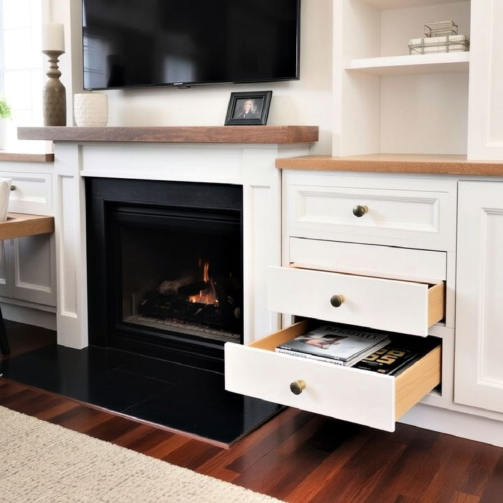 low profile storage drawers around fireplace