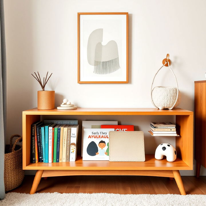 low wooden bookshelf in a mid century modern nursery