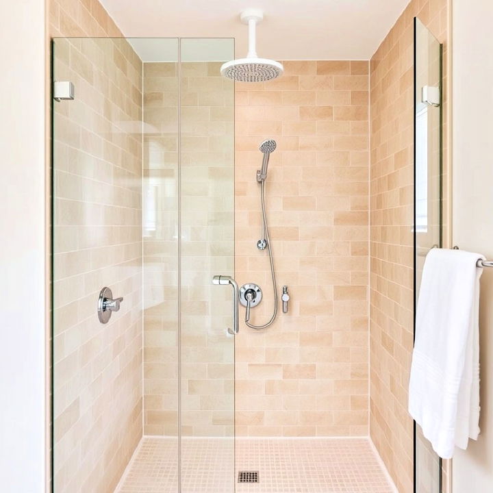 luxurious beige shower tiles with white fixtures