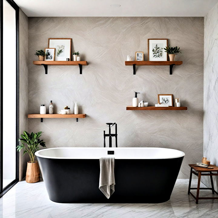 luxurious black freestanding tub with wooden shelves