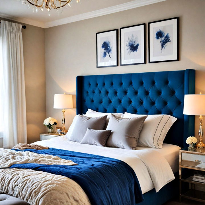 luxurious blue velvet headboard