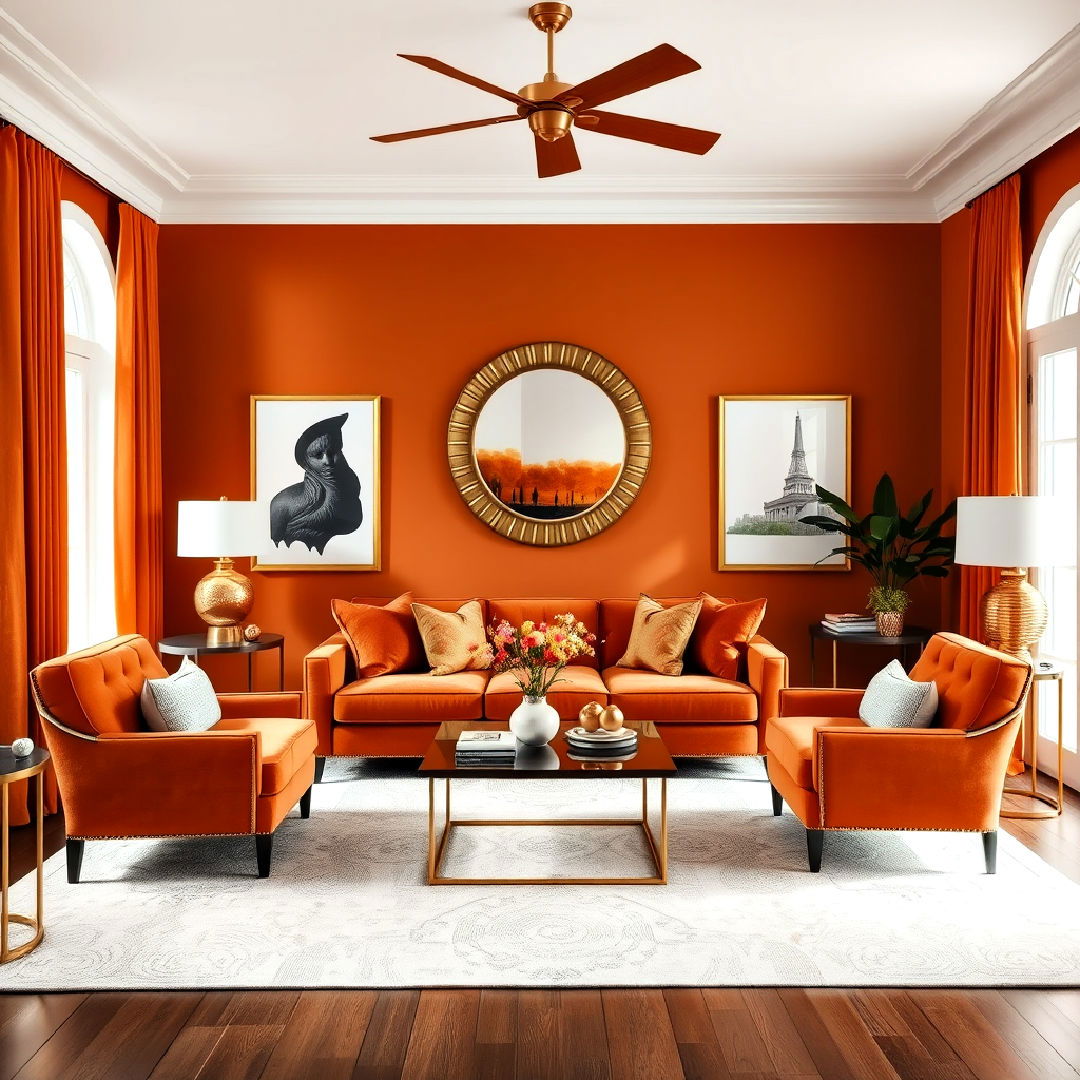 luxurious burnt orange and brass accents