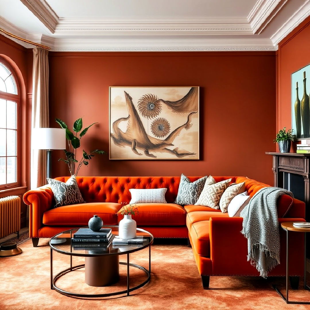 luxurious burnt orange velvet sofa