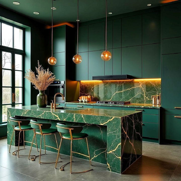 luxurious dark green and gold vein quartz countertops