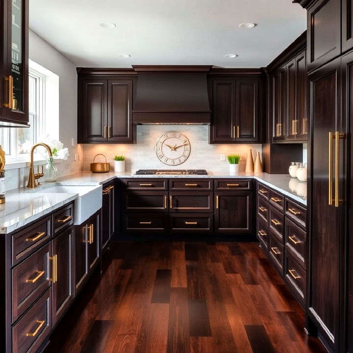 luxurious dark wood floor with gold hardware