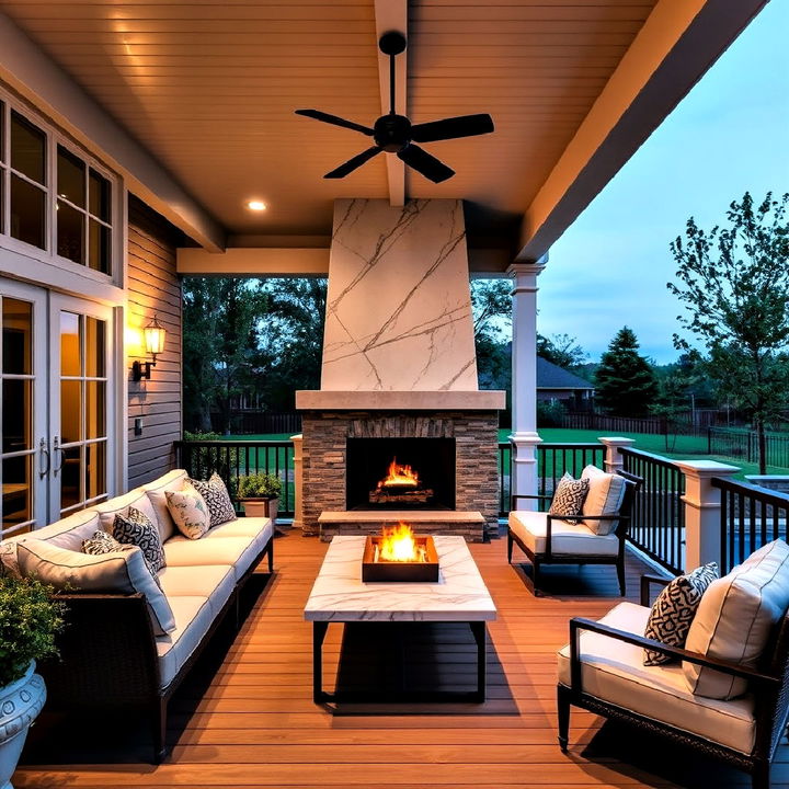 luxurious deck with marble fireplace