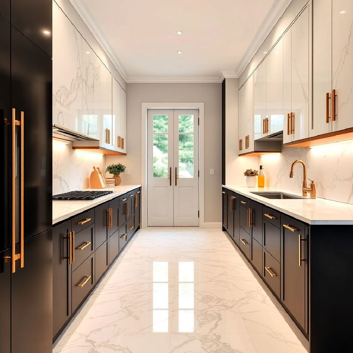 luxurious marble and gold accents parallel kitchen