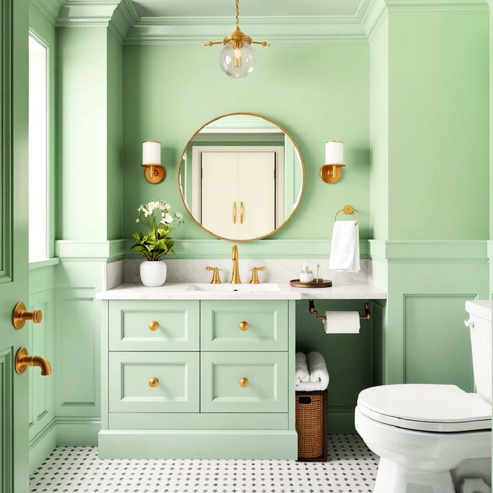 luxurious mint green walls with brass fixtures