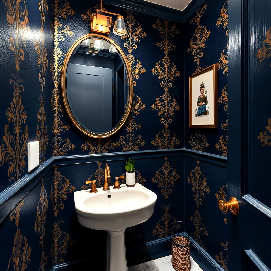 luxurious navy and gold wallpaper patterns powder room