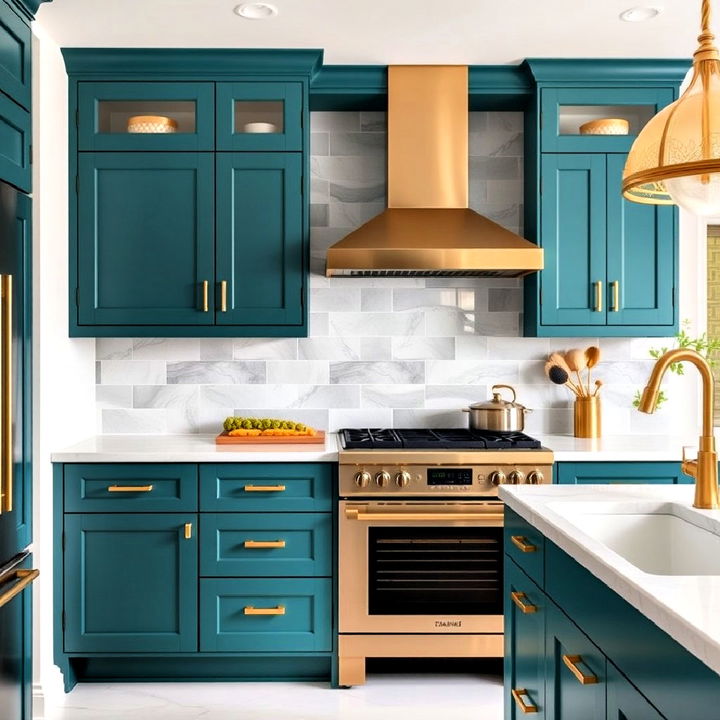 luxurious teal and gold accents for kitchen