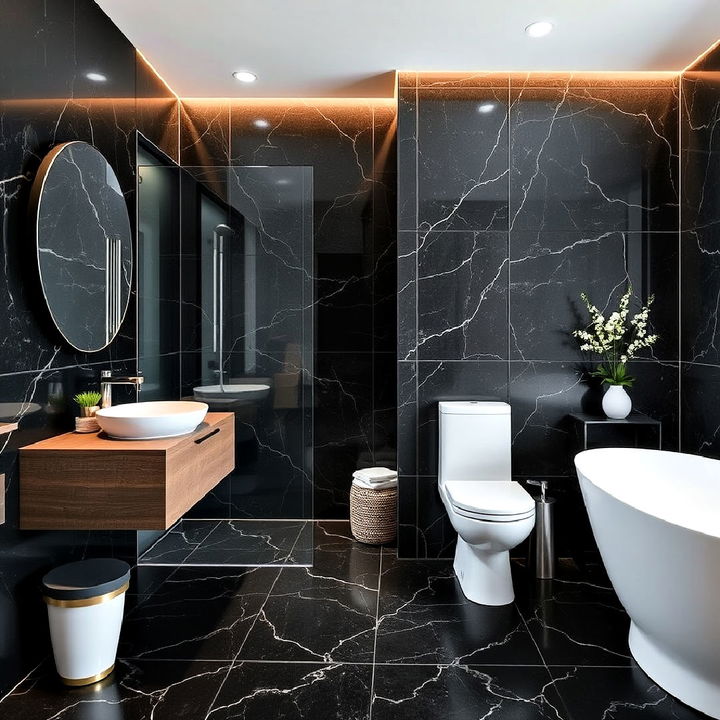 luxurious black quartz tile bathroom floor