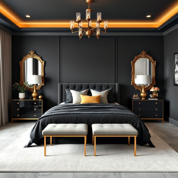 luxury charcoal and gold accents bedroom