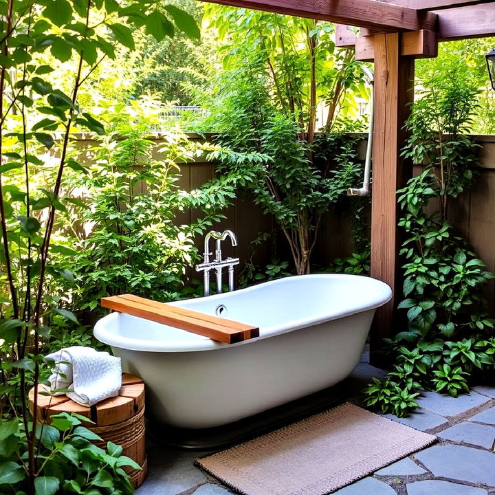 luxury freestanding bathtub in a garden setting