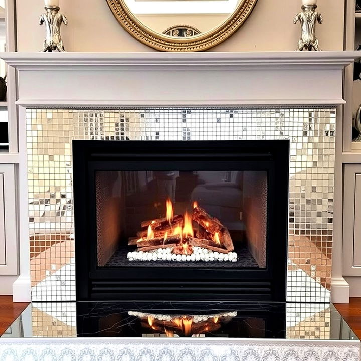 luxury mirrored tiles fireplace backsplash