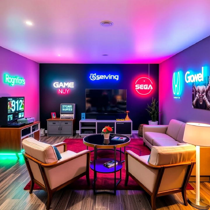 luxury retro gaming lounge with neon lights