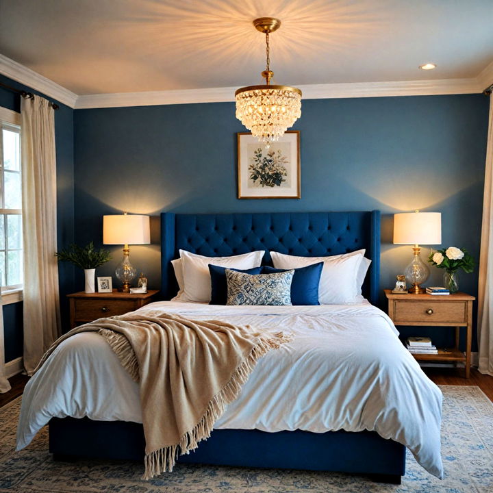 luxury soft lighting to enhance the moody blue bedroom