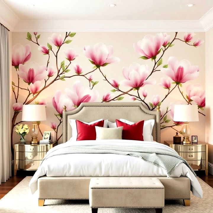 magnolia themed wallpaper accent wall