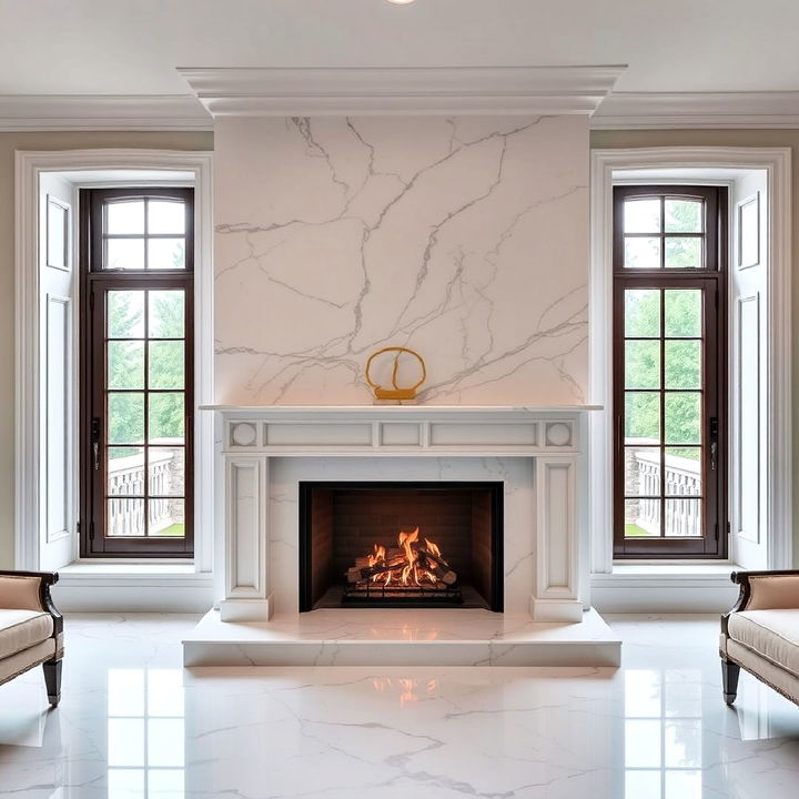 marble clad fireplace with casement windows