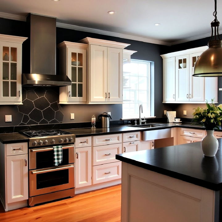 matte black countertops and white shaker cabinets