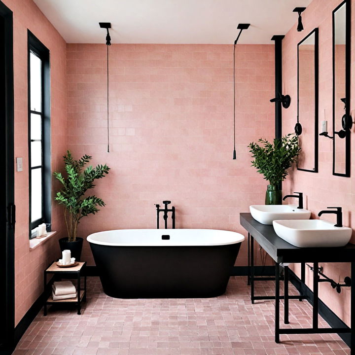 matte pink bathroom tiles with black accents