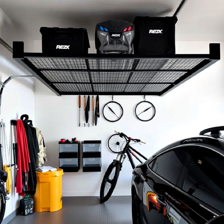 maximize a garage’s space with a black overhead storage rack