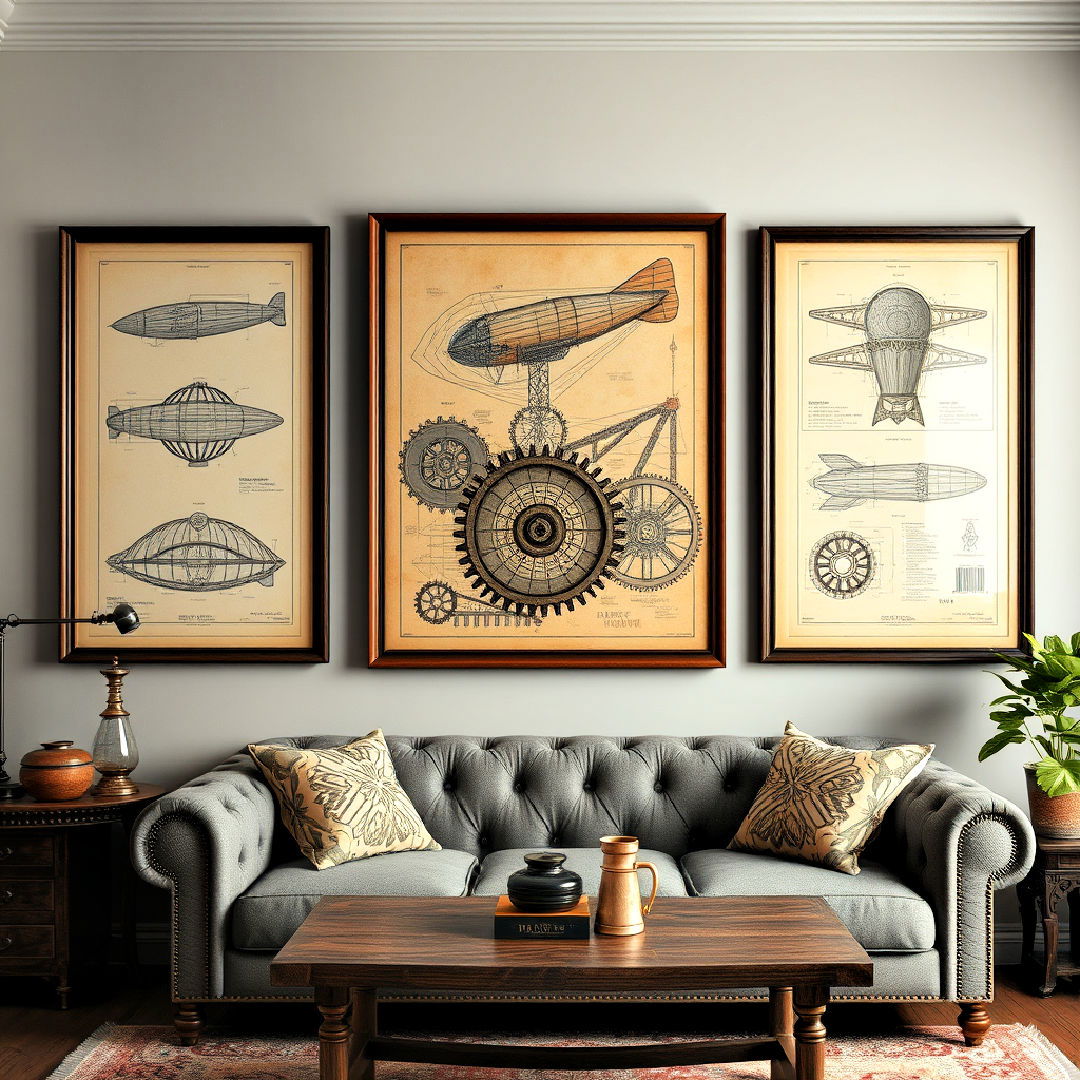 mechanical wall art and blueprints