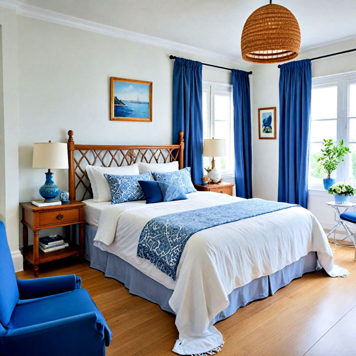 mediterranean inspired blue and white bedrrom scheme