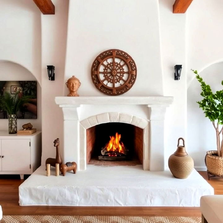 mediterranean white stucco fireplace