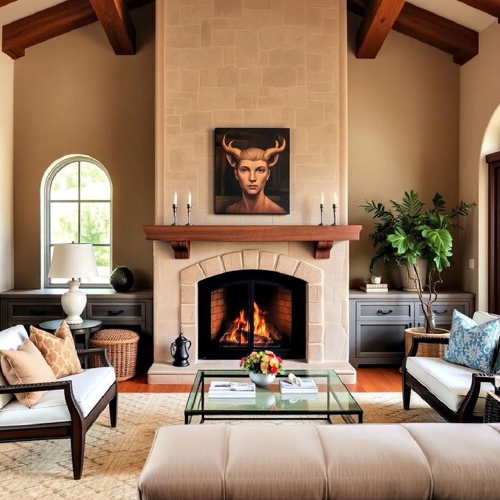 mediterranean with textured stucco fireplace