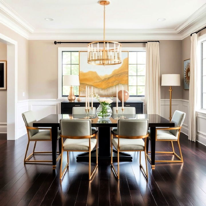 metallic accent for a dark wood floor dining room